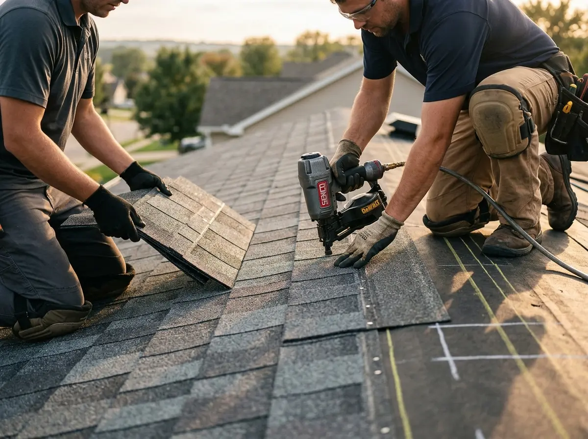 Professional roofer working on a residential roof in Grover Beach